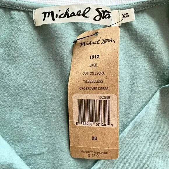 NWT MICHAEL STARS SAGE BASIL BLUE SLEEVELESS CROSSOVER FAUX WRAP MIDI DRESS - XS - Picture 6 of 9